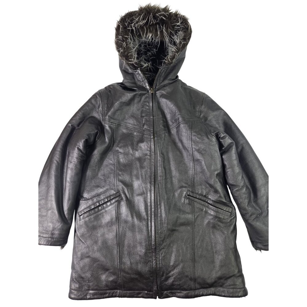 Y2K Vintage Wilsons Maxima Leather Reversible Fur Hooded Long Jacket S McBling - Picture 2 of 8